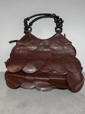 Vtg Brown Faux Leather Circle Pattern Handbag With Wooden Beaded Handles GAL